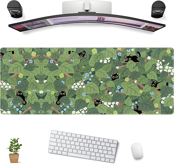 Green Mousepad Desk Mat Cute Anime Black Cat Kawaii Mouse Pad Gaming XL Large Extended Sage Leaves Desk Matt for Desktop, Computer Keyboard Mouse Mat for Women Office Decor Accessories 31.5x11.8 in