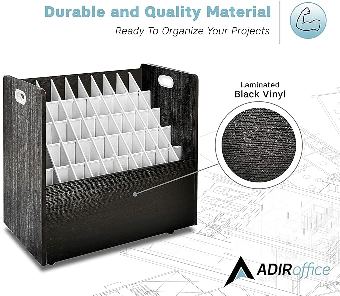 Adir Blue Print Storage Organizer - Mobile Roll File Cart, Construction Plan Holders, Blueprint Cabinet with Wheels, Roll Files Storage for Office and Home (50 Slots, Black)