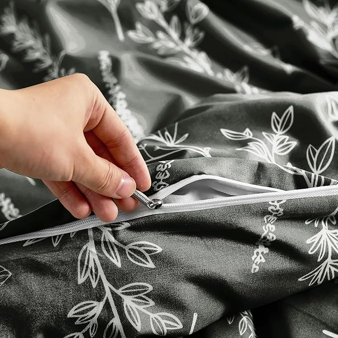 MUXHOMO Duvet Cover Queen Size, Reversible Floral Dark Grey Duvet Cover Set - Image 3