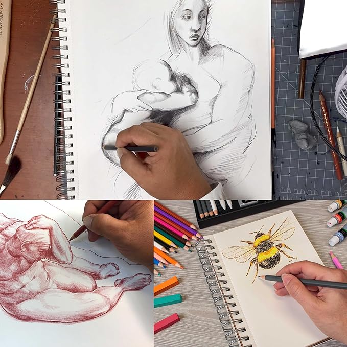 U.S. Art Supply 5.5"x8.5" Sketch Book Pad, 3 Pack (100 Sheets Each), 60lb (100gsm) Spiral Bound - Sketching, Drawing Pad, Acid-Free Paper - Sketch Pads for Adults, Students: Colored Pencils, Charcoal