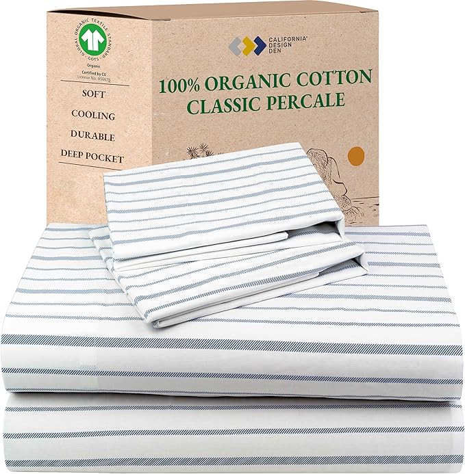 California Design Den King Bed Sheets Stripe, 100% Organic Cotton Percale Sheets by CaliforniaDesignDen