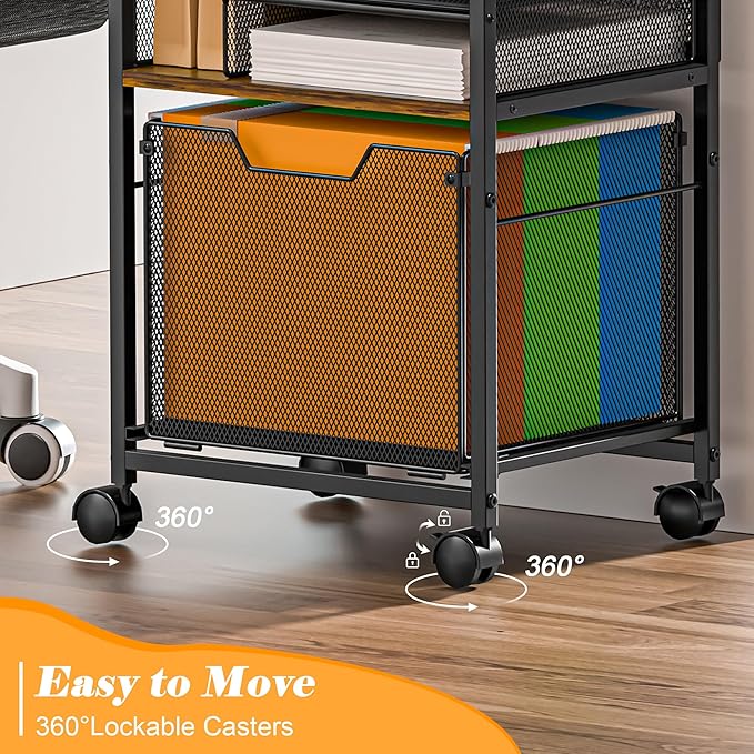 5-Tier Rolling File Cart Under Desk with Drawers, File Cabinet Organizer for Hanging File Folders, Letter-Size File Storage with Wheels, Multi-Layer Mobile Filing Cabinet for Under Desk Storage