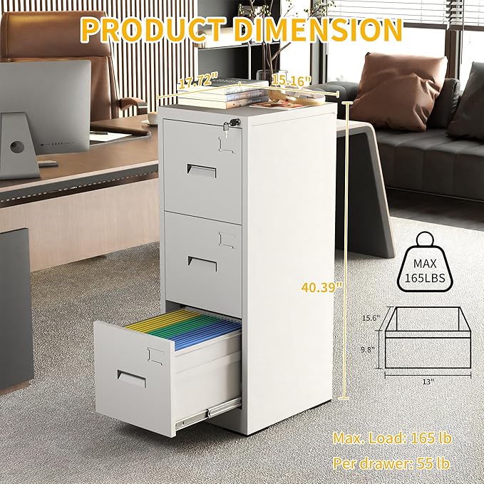 Reegangfa 3-Drawer File Cabinet with Lock, Metal Vertical Filing Cabinets for Home Office, Lockable Narrow Heavy-duty Steel Storage Cabinet with Tag,Hanging Letter/Legal/A4Size,Assemble Required,White