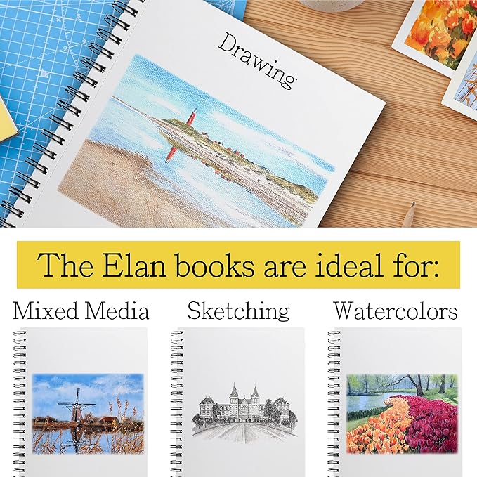 Elan A4 Drawing Book, 50 Sheets Italian Paper 90 lb/200 GSM, Acid-Free Sketch Book 11.7x8.3 Inch, White Drawing Paper Pad, A4 Sketchbook Spiral Bound