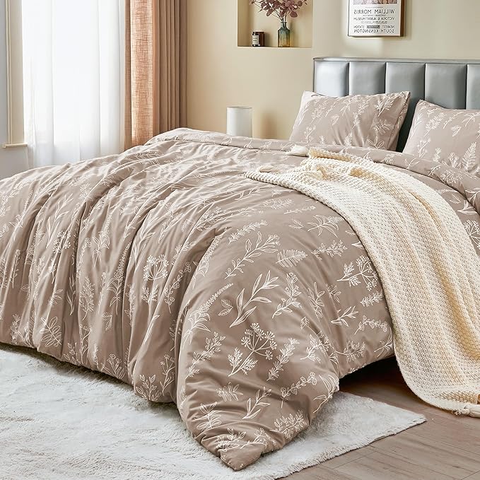 MUXHOMO Duvet Cover King Size, Reversible Floral Taupe Duvet Cover Set - Image 3