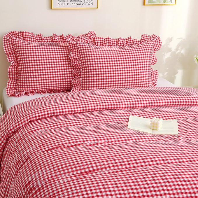 Silnuo Red/White Checkered Ruffle 3-Piece Duvet Cover Set King Size, Washed - Image 7