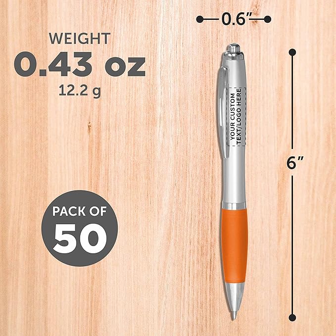 DISCOUNT PROMOS Ballpoint Pens With Rubber Grip, 50 pack, Custom Promotional Text, Logo with Name, Black Ink Writing Pens in Bulk, Orange