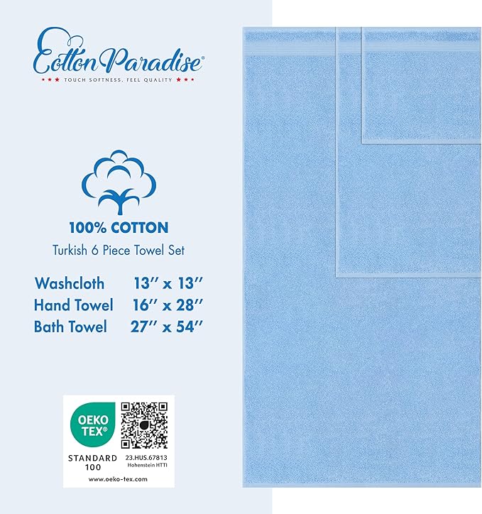 Cotton Paradise 6 Piece Towel Set 100% Cotton Soft Absorbent Turkish Towels - Image 4