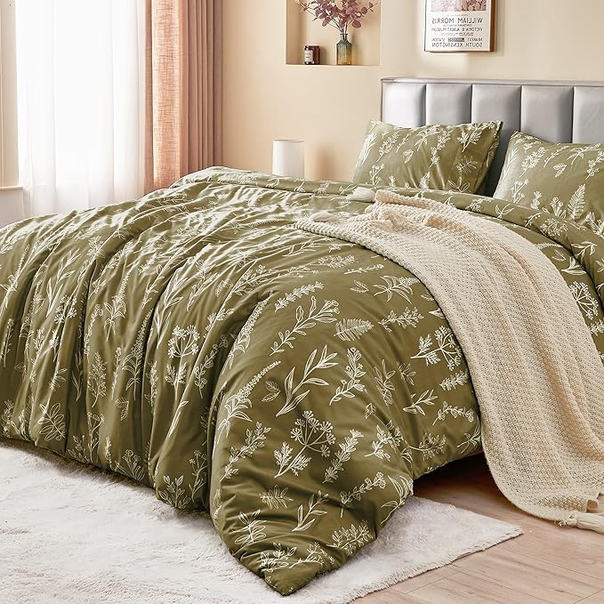 MUXHOMO Duvet Cover King Size, Reversible Floral Olive Green Duvet Cover Set - Image 3