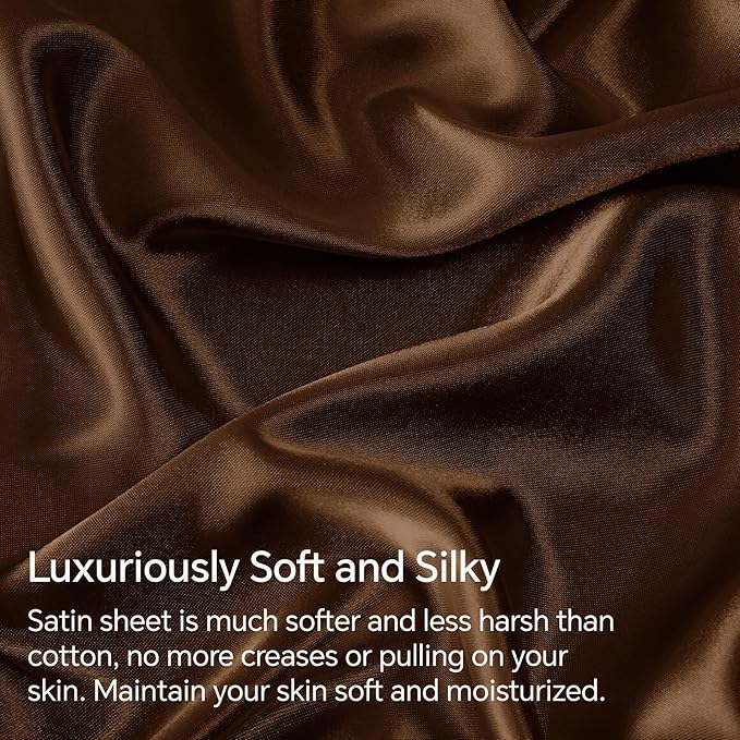 BEDELITE Satin Sheets Twin Size Bed Set, Luxury Soft Brown Silky Sheets - Image 3