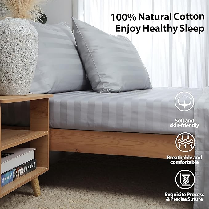 Full Size Striped Fitted Sheet Only Gray Color, 100% Egyptian Cotton 600 Thread - Image 3