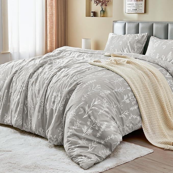 MUXHOMO Duvet Cover Full Size, Reversible Floral Silver Gray Duvet Cover Set - Image 3