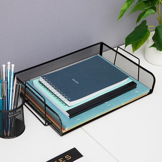 Mind Reader Stackable Paper Tray, Desktop Organizer, File Storage, Office, Metal Mesh, 13.25" L x 9.75" W x 6.25" H, 2 Pcs., Black (Pack of 8)