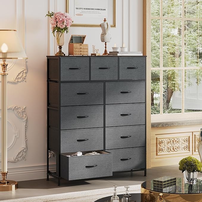 WLIVE Tall Dresser for Bedroom, Fabric Dressers Storage Tower, Dresser & Chest of Drawers Organizer Unit with 11 Drawers, Storage Cabinet, Hallway, Closets, Steel Frame, Wood Top, Dark Grey
