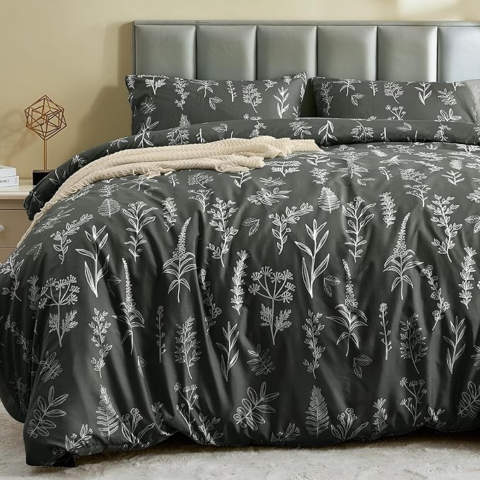 MUXHOMO Duvet Cover Queen Size, Reversible Floral Dark Grey Duvet Cover Set by MUXHOMO