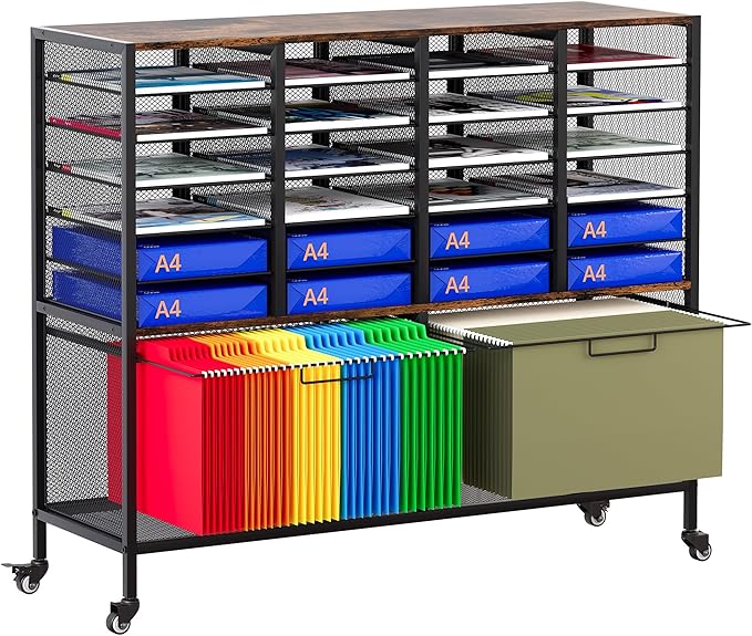EasyPAG Rolling File Cart with 24 Slot Mail Organizer, Under Desk Storage with Hanging File Rack for Letter/Legal Folders, Mobile Filing Cabinet Printer Stand for Office Home Classroom, Black