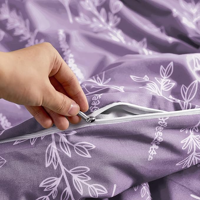MUXHOMO Duvet Cover Full Size, Reversible Floral Grayish Purple Duvet Cover Set - Image 6
