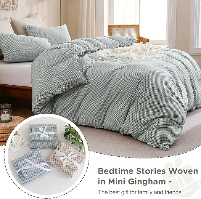 TOCOMOA Mini Gingham Green Duvet Cover Bedding Set 100% Washed Cotton Like - Image 7