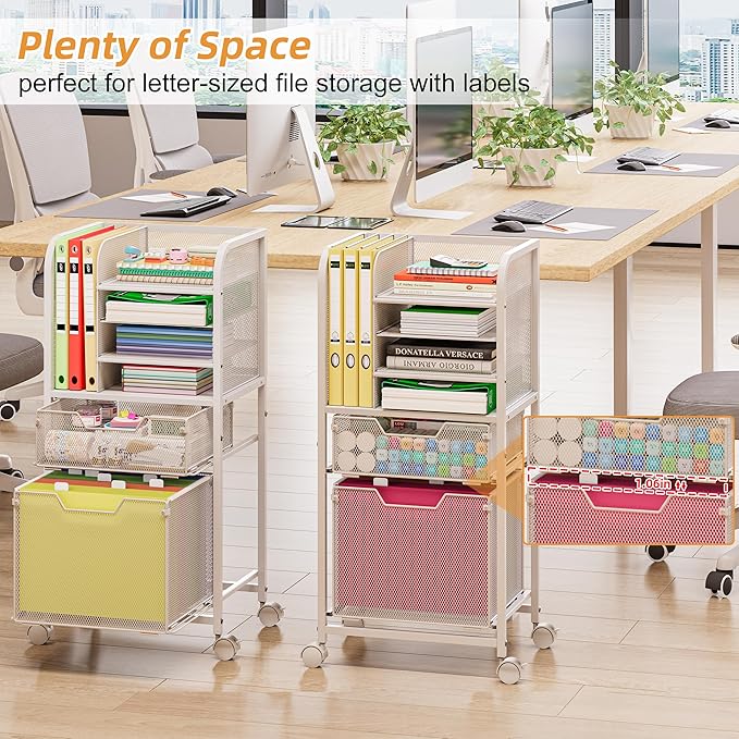 Feyejade Rolling File Cart with 2 Drawers, White File Cabinet Organizer for Hanging File Folders, Letter-Size File Storage with Wheels, Multi-Layer Mobile Filing Cabinet for Office and Home, White