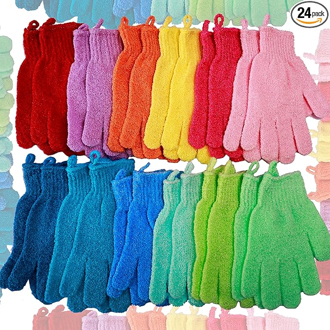 24 Pcs Exfoliating Bath Gloves Shower Gloves, 12 Colors Double Sided by GELIFATLE
