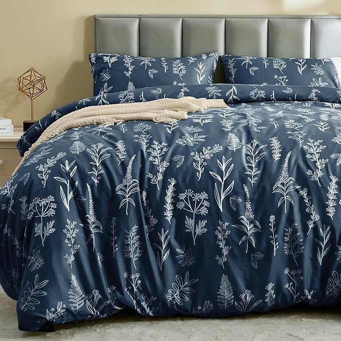 MUXHOMO Duvet Cover Queen Size, Reversible Floral Navy Duvet Cover Set by MUXHOMO
