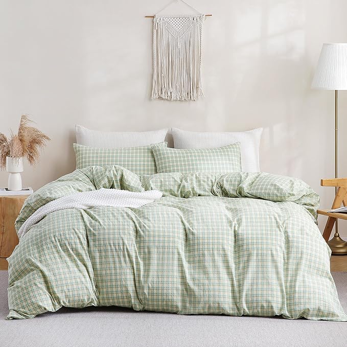 TOCOMOA Plaid Duvet Cover Set 100% Washed Cotton Like Linen Feel Super Soft - Image 3