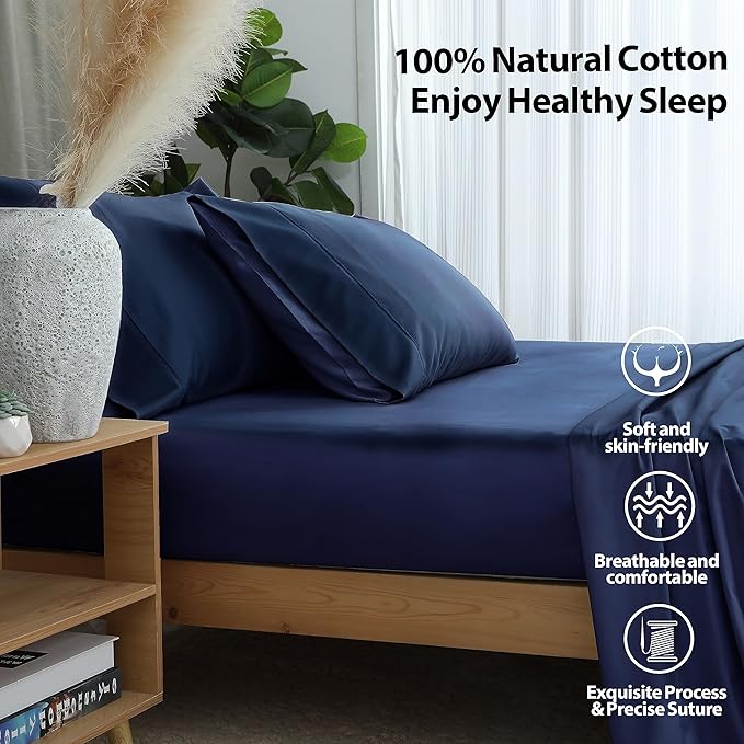 Queen Size Fitted Sheet Only Navy Blue, 100% Egyptian Cotton 600 Thread Count - Image 2