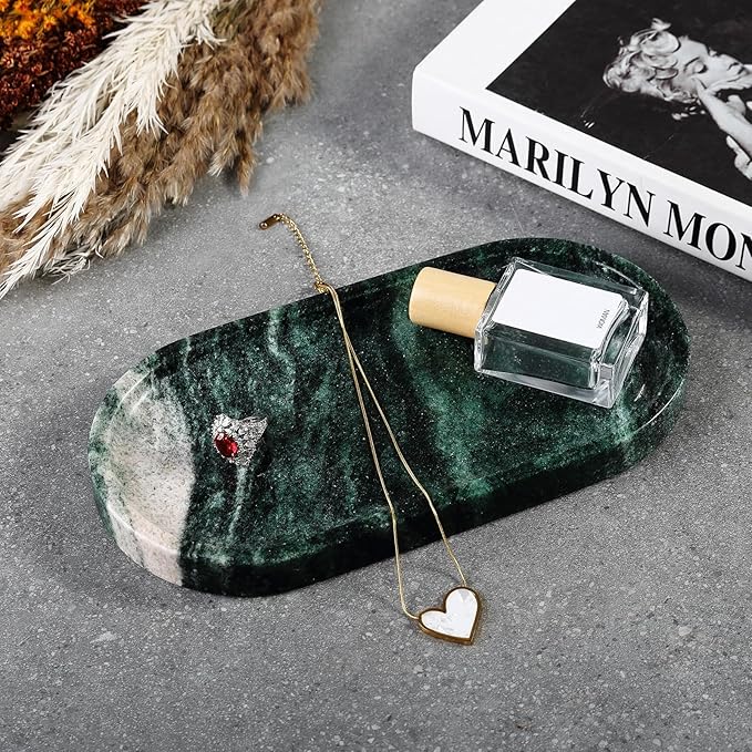Koville Green Marble Tray for Bathroom Countertop, Stone Jewelry Dish Candle - Image 5