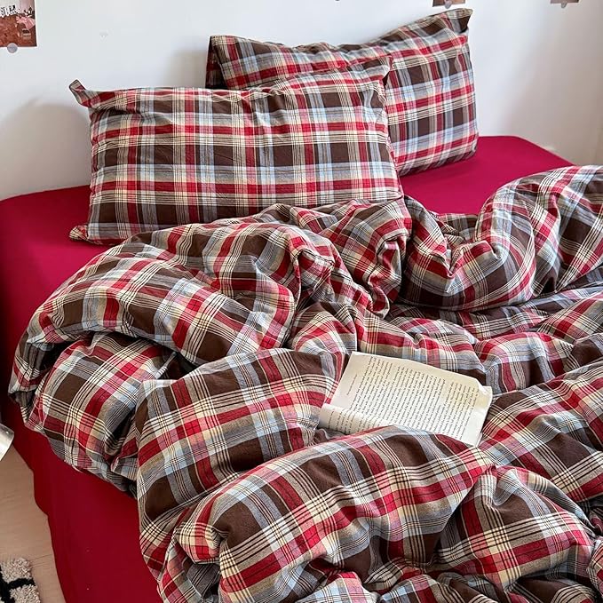 mixinni Vintage Red & Brown Buffalo Plaid Duvet Cover Set King Size - Image 2