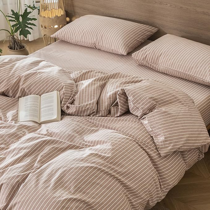 MooMee Striped Duvet Cover Set 100% Washed Cotton Linen Like Textured - Image 9
