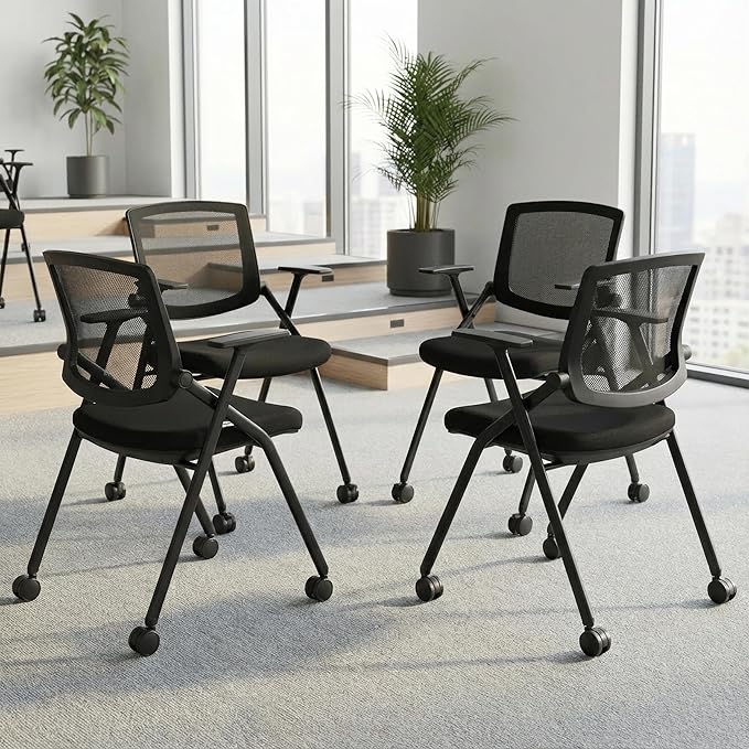 BROBRIYO, 4 Pack Stackable Conference Room Chairs with Wheels and Paddle, Ergonomic Mesh Back and Arms for Meeting, Conference, Reception, Training Room & Home Office Desk Folding Chairs (2 Boxes)