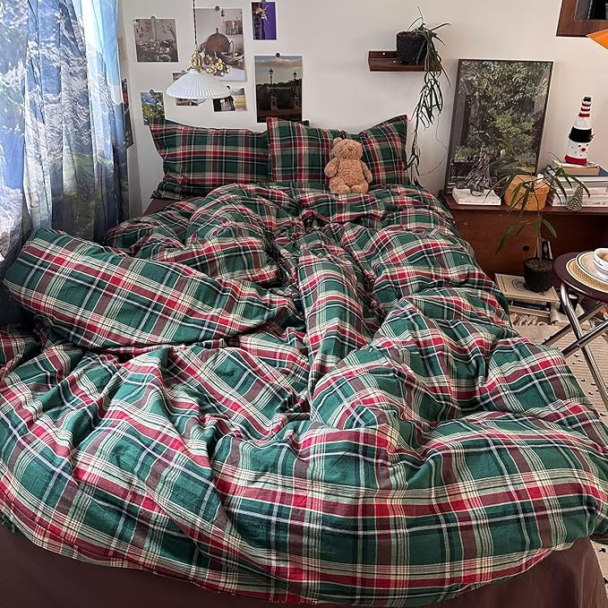 mixinni Vintage Green Buffalo Plaid Washed Cotton Duvet Cover Twin - Image 2