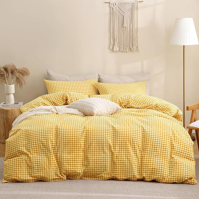 TOCOMOA Yellow Gingham Duvet Cover Bedding Set 100% Washed Cotton Like Linen - Image 3