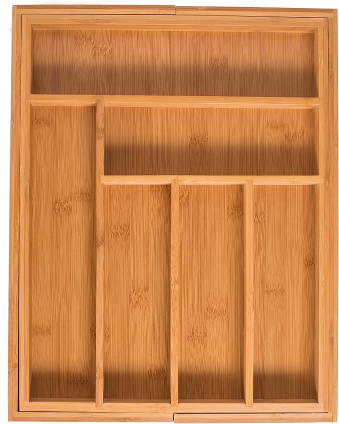 BIRDROCK HOME Bamboo Expandable Utility Drawer Organizer – Utensil Silverware – Spoon Knife Fork – 17.5 Inch – Large – Natural Wood – Tray – Adjustable Kitchen Organization