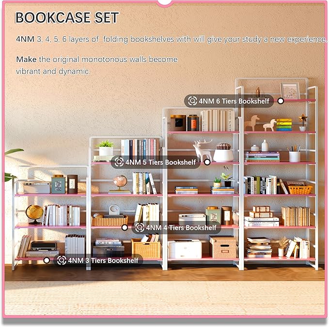 4NM No Assembly 6 Tiers Folding Bookshelf Storage Shelves Vintage Bookcase Standing Racks Study Organizer Home Office (Pink White)