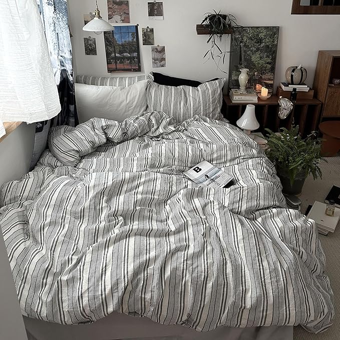 mixinni Vintage Gray & White Striped Duvet Cover Set - Image 4