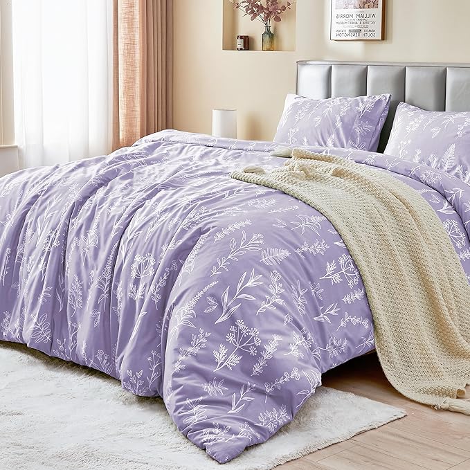 MUXHOMO Duvet Cover Queen Size, Reversible Floral Lavender Duvet Cover Set - Image 4