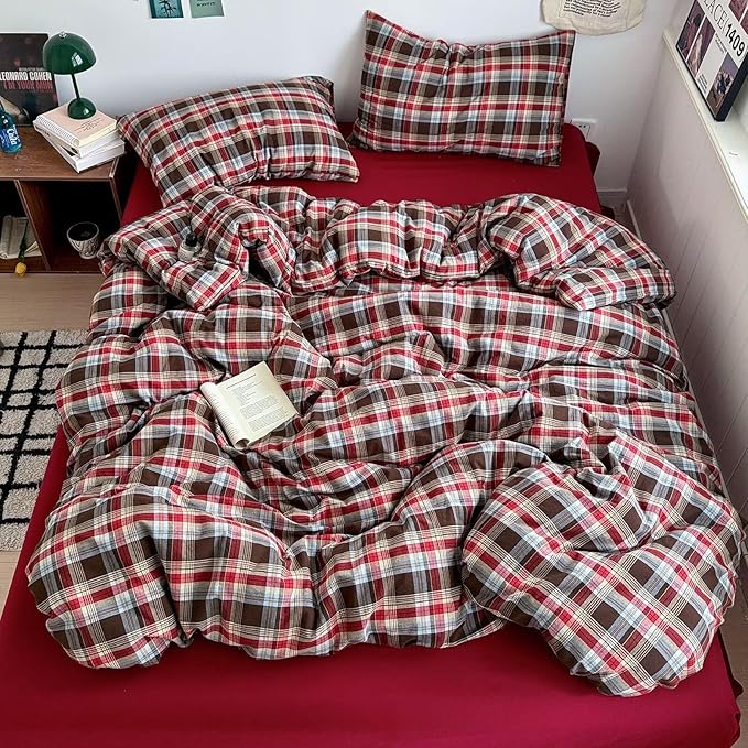 mixinni Vintage Red & Brown Buffalo Plaid Duvet Cover Set King Size - Image 3