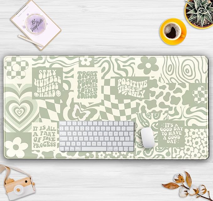 Boho Aesthetic Desk Mat Beige Retro Hippie Boho XXL Large Extended Gaming Green Sage Mouse Pad Women Gamer Girl Work Office Computer Deskmat Mousepad Laptop Keyboard Mat Desk Pad 31.5x15.75 in