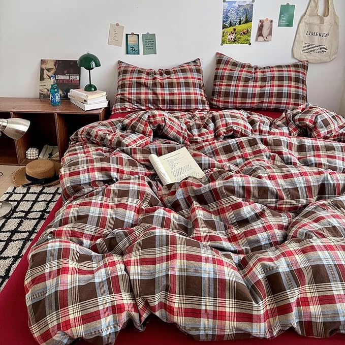 mixinni Vintage Red & Brown Buffalo Plaid Duvet Cover Set King Size - Image 7