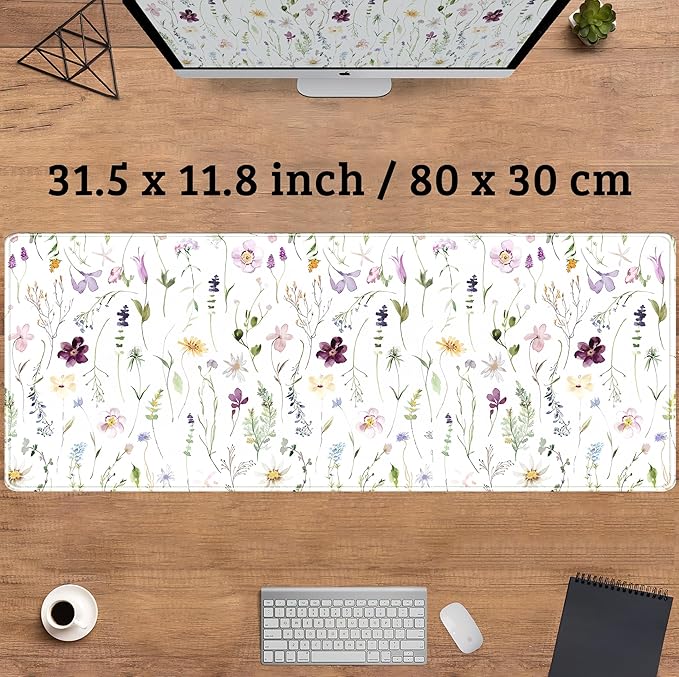 White Floral Desk Mat Cute Flowers Desk Pad Aesthetic Sage Mouse Pad XL Large Mousepad Desk Matt for Desktop, Laptop Pad Mat Keyboard and Mouse Mat for Women Office Decor Accessories 31.5x11.8 in