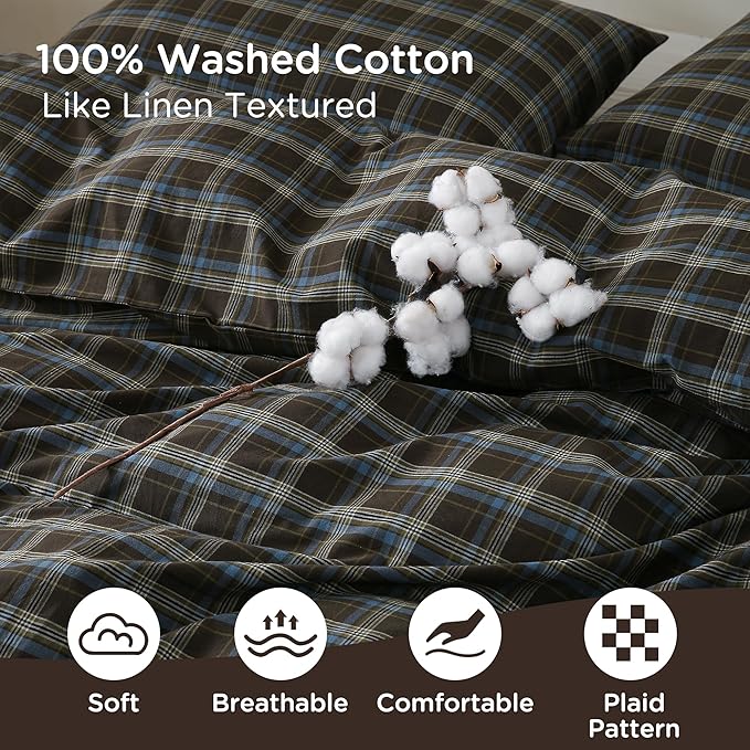 TOCOMOA Buffalo Plaid Duvet Cover Set 100% Washed Cotton Like Linen Feel Super - Image 5