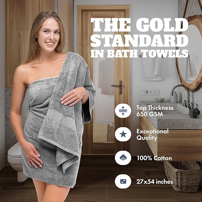 White Classic Light Gray Bath Towels 27x54 Inch, Cotton Towel Set - Image 2