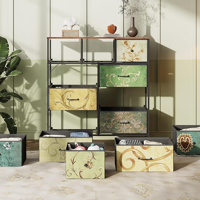 WLIVE Tall Dresser for Bedroom, Fabric Dresser Storage Tower, Chest of Drawers Organizer Unit with 11 Drawers, Storage Cabinet, Hallway, Closets, Steel Frame, Wood Top, Vintage,Floral Painted