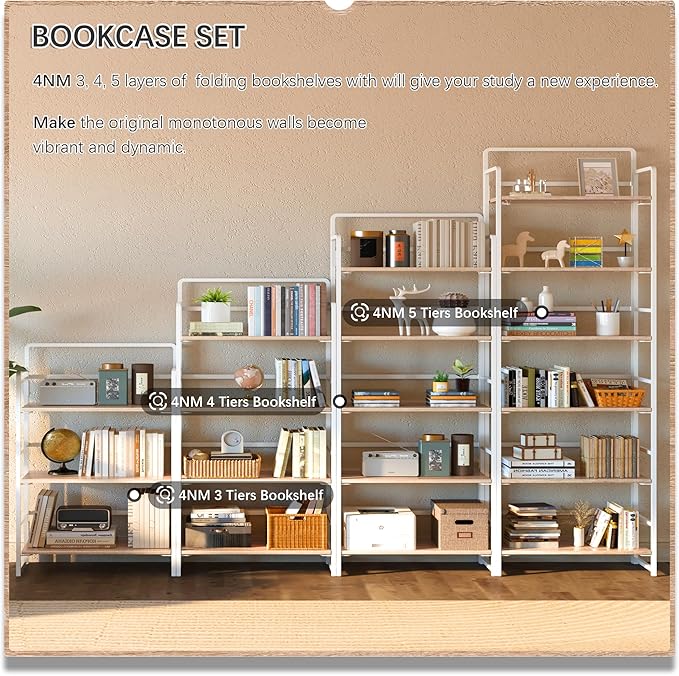 4NM No Assembly 6 Tiers Folding Bookshelf Storage Shelves Vintage Bookcase Standing Racks Study Organizer Home Office (Natural White)