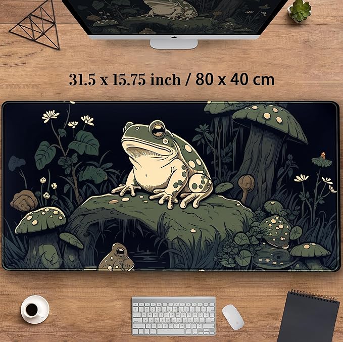 Kawaii Mushroom Cute Frog Desk Mat Anime Gaming Mouse Pad Dark Green Forest Mousepad XXL, Large Extended Laptop Keyboard Mouse Mat Desk Pad 31.5x15.75 in, Non-Slip Rubber Base with Stitched Edges