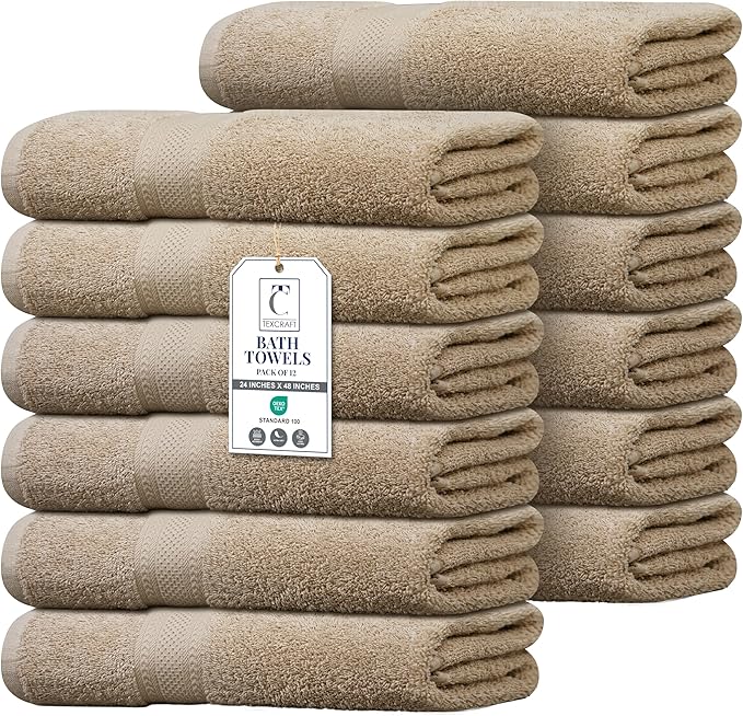 Commercial Bulk Pack of 12 Bath Towels – 100% Cotton Terry 24" x 48" – Ideal by TEXCRAFT
