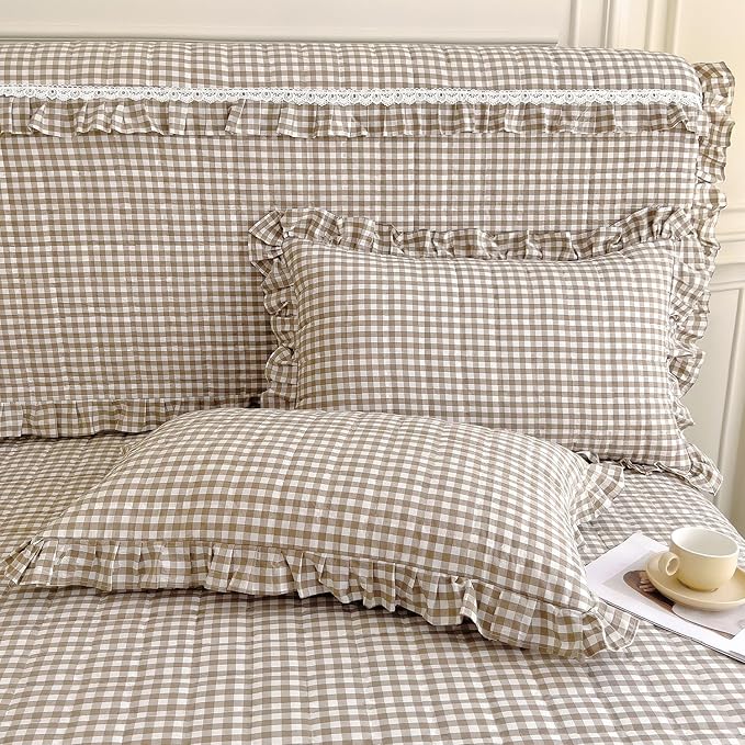 mixinni Tan Gingham Ruffle Duvet Cover King Size 3 Pieces – 100% Washed Cotton - Image 7