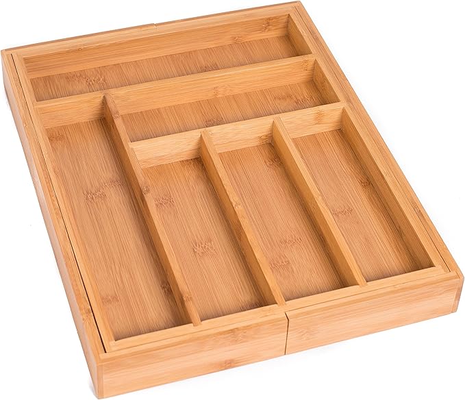 BIRDROCK HOME Bamboo Expandable Utility Drawer Organizer – Utensil Silverware – Spoon Knife Fork – 17.5 Inch – Large – Natural Wood – Tray – Adjustable Kitchen Organization