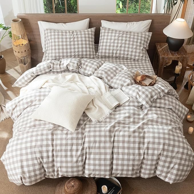 MooMee Gingham Duvet Cover Set 100% Washed Cotton Linen Like Textured - Image 5